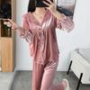 Velvet Lapel Long Sleeved Cardigan Pants Pajama Set Loose Fitting Casual Home Wear Women's Sexy Lace Edge Sleepwear Loungewear