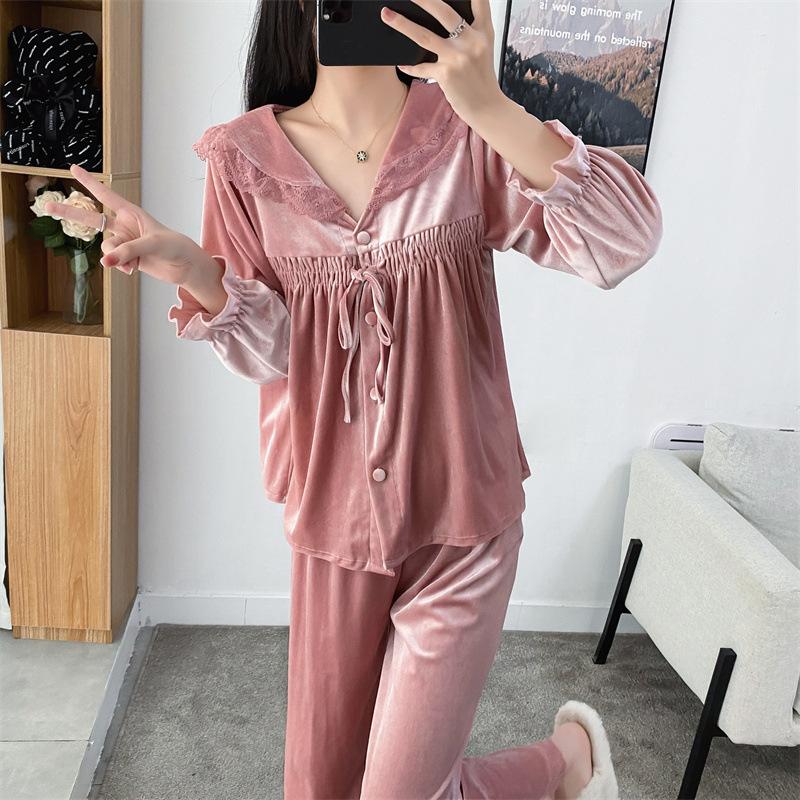 Velvet Lapel Long Sleeved Cardigan Pants Pajama Set Loose Fitting Casual Home Wear Women's Sexy Lace Edge Sleepwear Loungewear