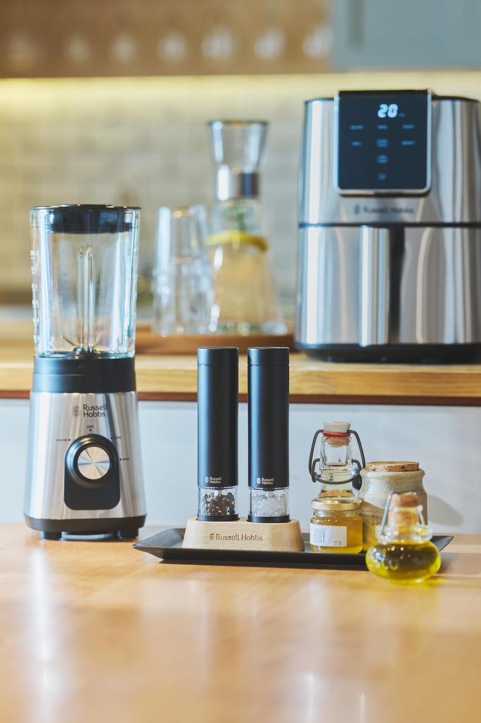 Russell Hobbs Electric Salt & Pepper Mill, Rock Salt, Pepper, Spices, Adjustable Coarseness, Mini, Black, 7935JP-BK