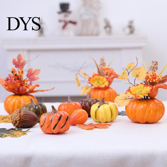 Artificial Pumpkin Ornaments Mini Fall Decoration, Farmhouse Autumn Thanksgiving Foam Centerpiece Faux Pumpkins with Maple Leaves Berries Sunflower