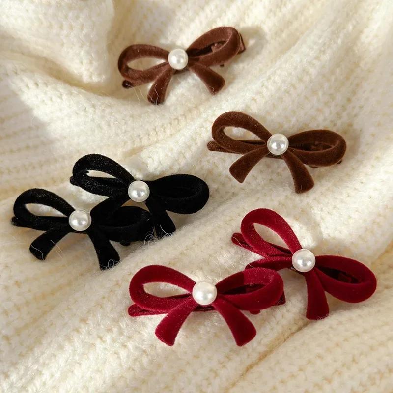 Retro Flocked Pearl Bow Christmas Hair Clips for Woman Girls Sweet HairPins Child Cute Bow Barrettes Fashion Hair Accessories