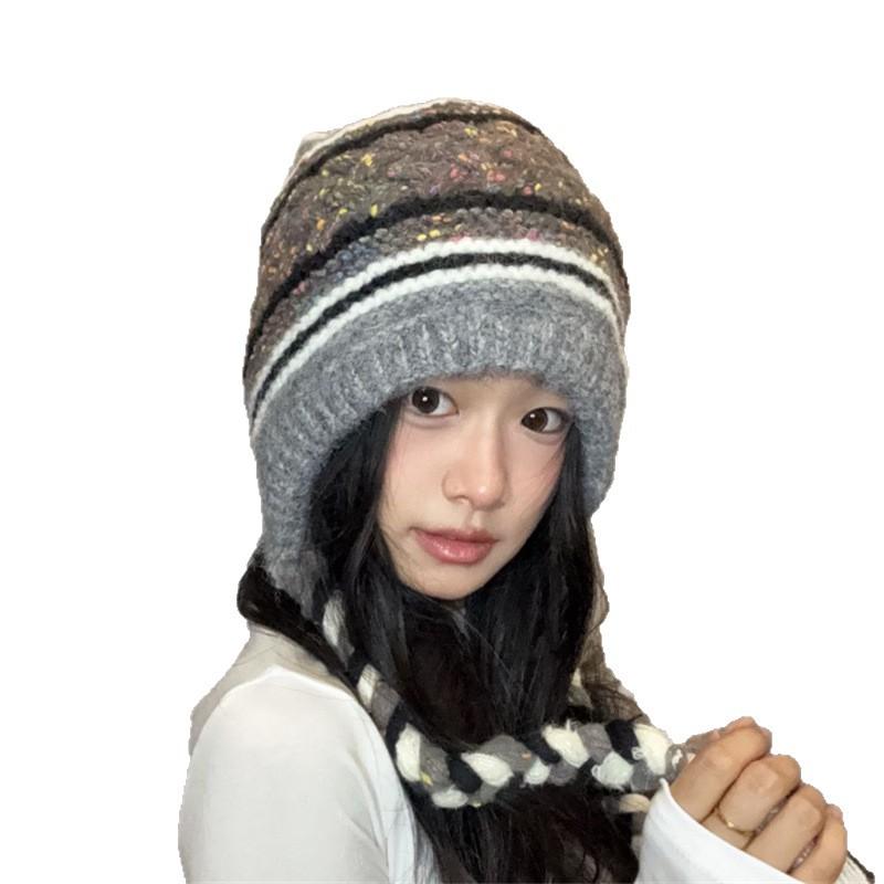 Color Matching Knitted Braided Ear Protection Warm Lei Feng Hat Women's Winter New Big Head Circumference Wool Hat Tide