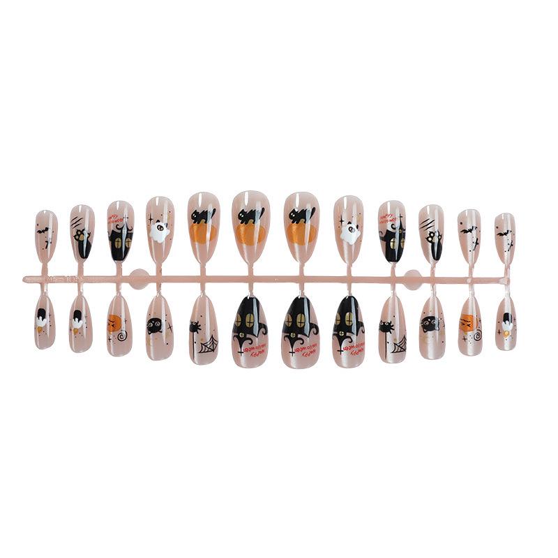 

24-Piece Halloween Cat Crow Cross Almond Nail Art Set
