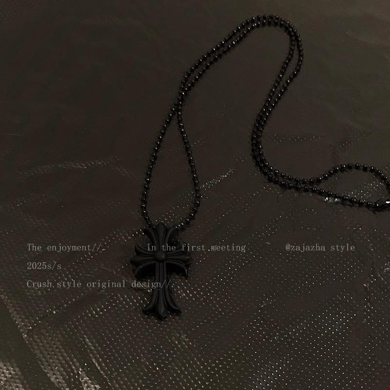 Black beaded cross necklace female double stacked long collarbone chain sweet cool Internet celebrity babes with