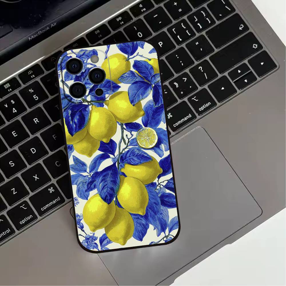 Mediterranean Lemon Fruit Art Phone Case For iPhone 17,16,15,14,13,12,11 Plus,Pro Max,XS,Soft Silicone Black Cover