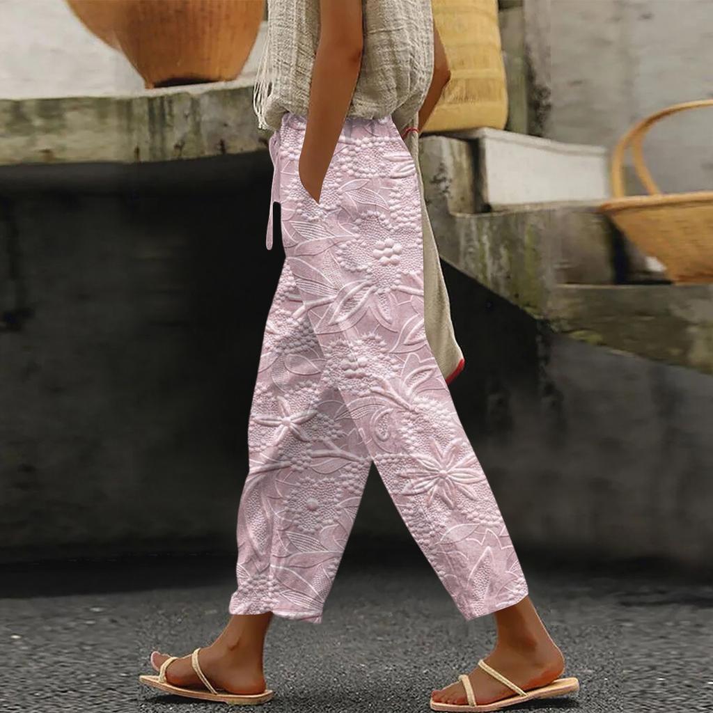 Women's Fashionable Floral Print Drawstring Pocket Elastic Waist Casual Pants