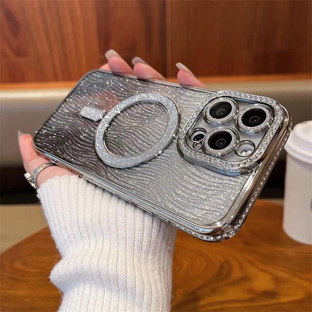 

Для iPhone 15 Pro Max Роскошный чехол для телефона с гальваническим покрытием, вспышкой, магнитным креплением Magsafe, стразами Для iPhone 11 12 13 14 15 16 Plus Защита объектива For iPhone 16 Pro