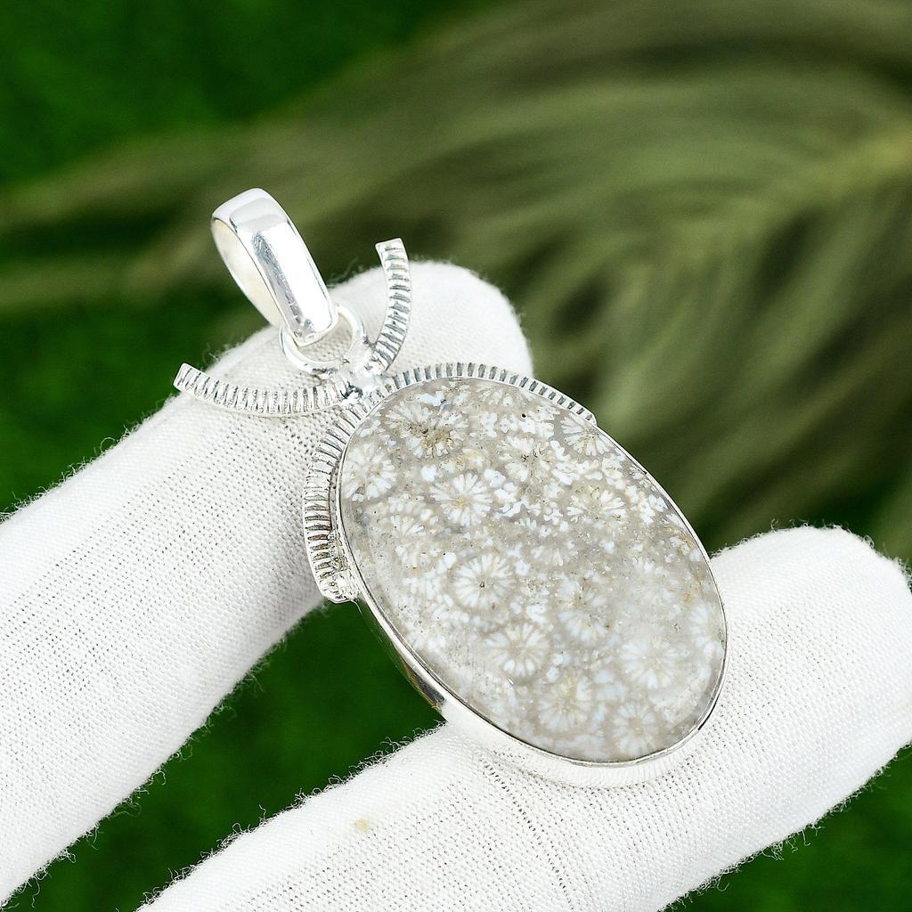 Fossil Coral Stone Sterling Silver Bezel Wife Root Chakra Boho Art Deco Pendant