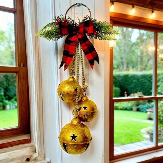 Christmas Bell Decoration 17.7" Hanging Jingle Bells with Plaid Bow Pine Needles Red Berries Rustic Holiday for Door