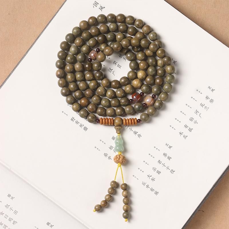Traditional Chinese Style Gold Threaded Sandalwood Prayer Beads108Buddhist Beads Paired with Dongling Jade Gourd and Green Sandalwood Bracelet and