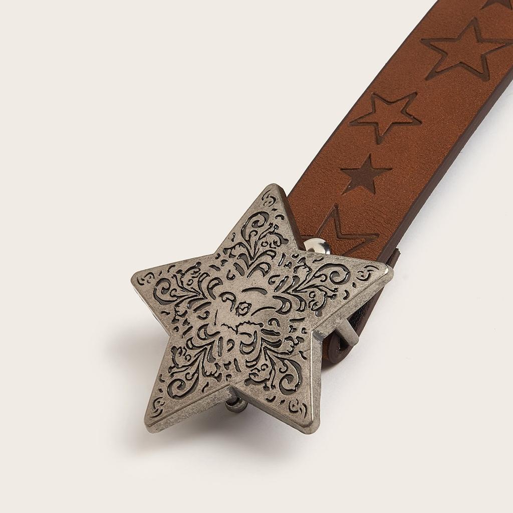 Western Cowboy Faux Leather Belts Star Pattern Buckle Waist Belt Vintage Engraved Embossed Waistband for Women Jeans