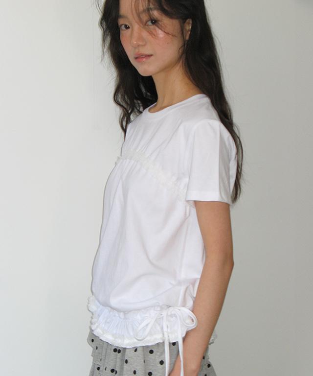 RONRON Frill Shirring Short Sleeve T Shirt White