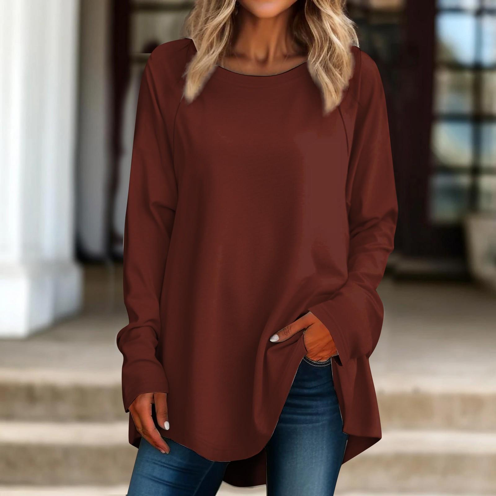 

Женская повседневная футболка больших размеров с длинными рукавами и круглым вырезом, верхний пуловер XXL кофейный