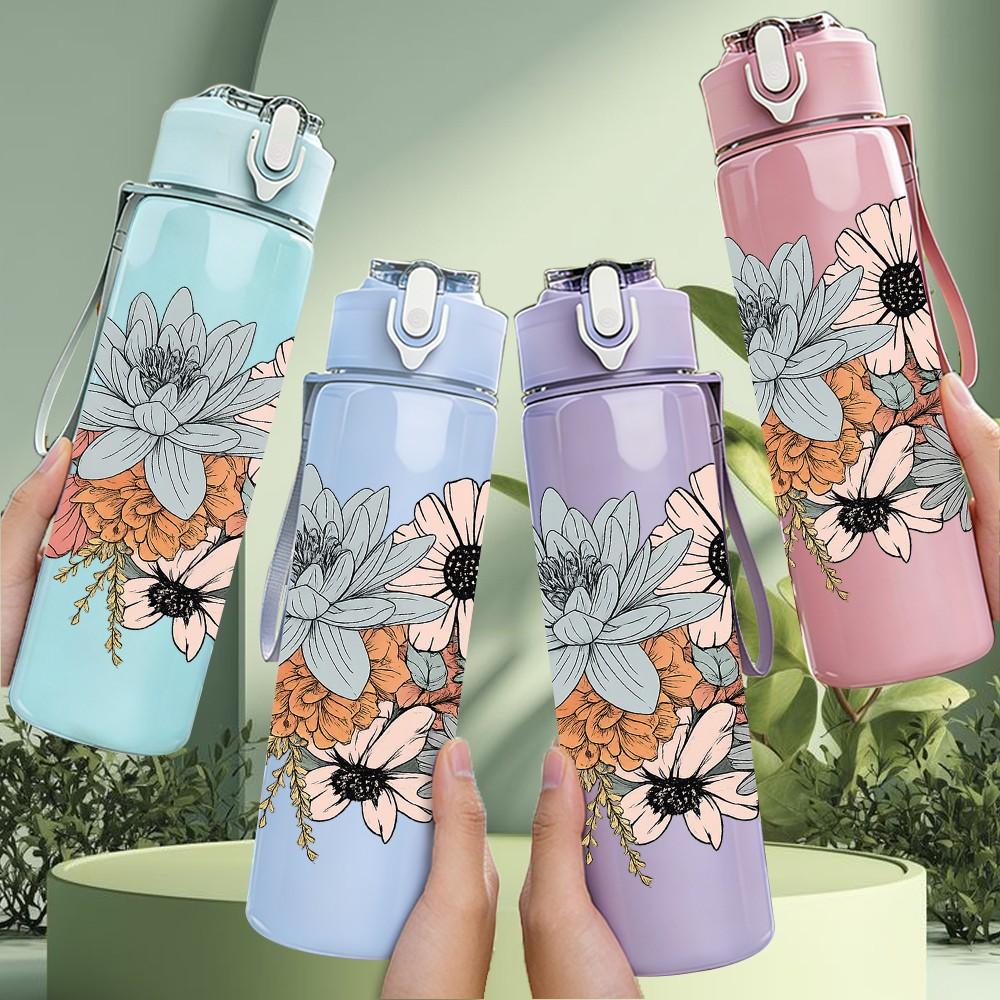 1PC Mixed Tone Daisy Floral Bouquet Print 750ml Color Plastic Sports Water Bottle Leakproof Flip Straw Lid Suitable for Sports Office Home Use