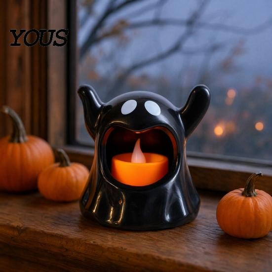 Battery Powered Halloween Lamp Ghost Candle Holder with LED Candle, Cute Tea Light Durable Statue Holder, Spooky Tabletop Decoration for Indoor