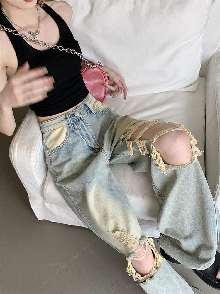 

Women s Trendy American Retro Ripped Wide-Leg Jeans S (Recommended for 80-95 jin)