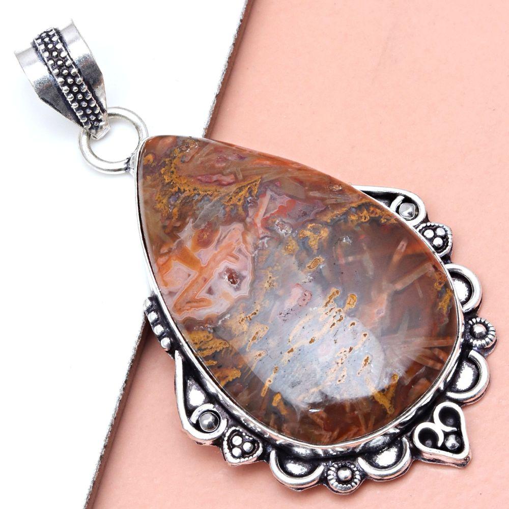 Pendant Stick Agate Gemstone Gift For Her Silver Jewelry 2.25"