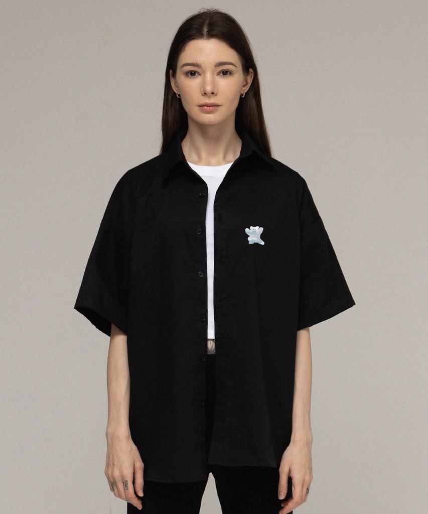 GRAVER [Unisex] Small Cloud Bear Smile Oversized Short Sleeve Shirt_Black