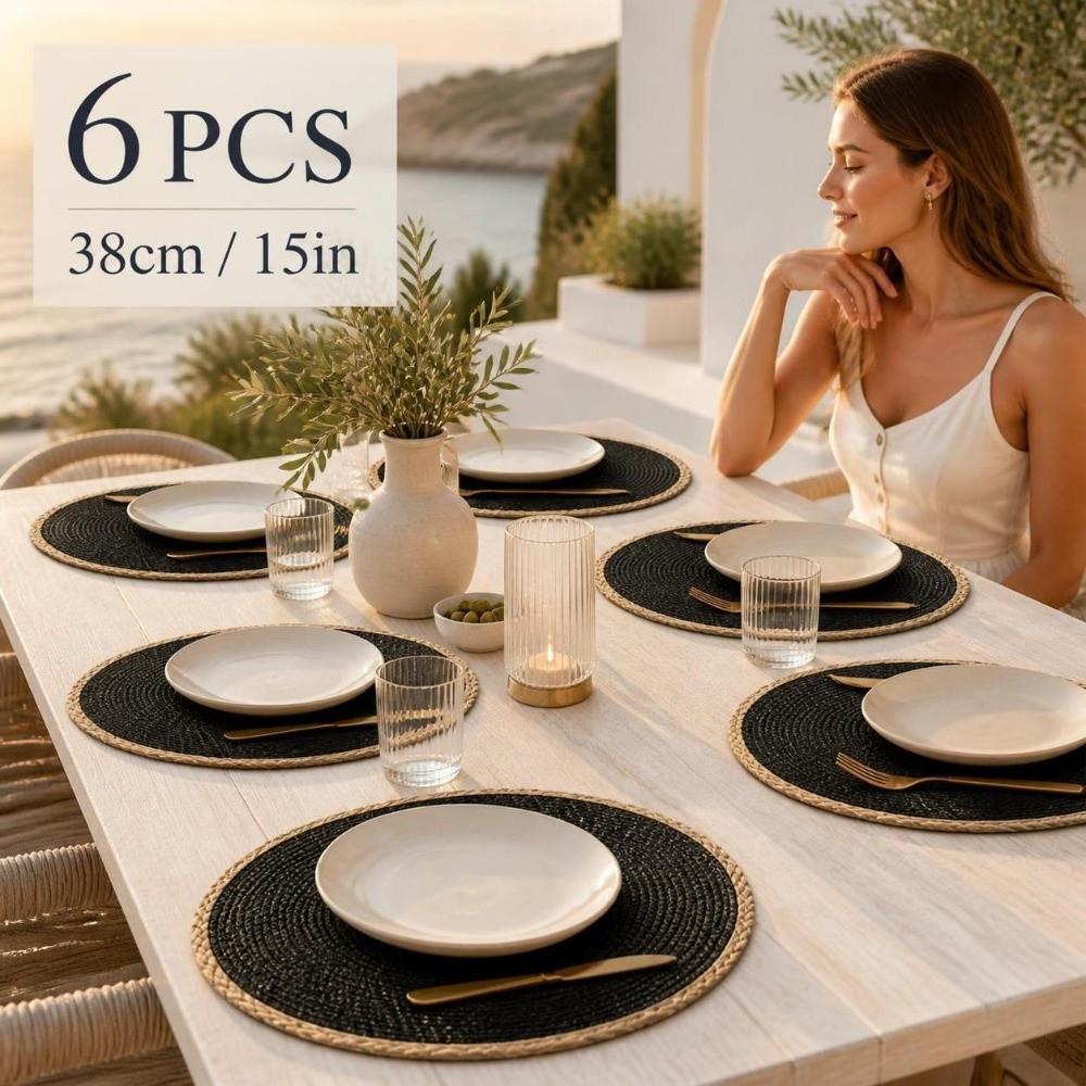 6pcs/set 15in Round Woven Placemats Bohemia Woven Dish Mats Boho Braided Table Mats  Coffee Cups