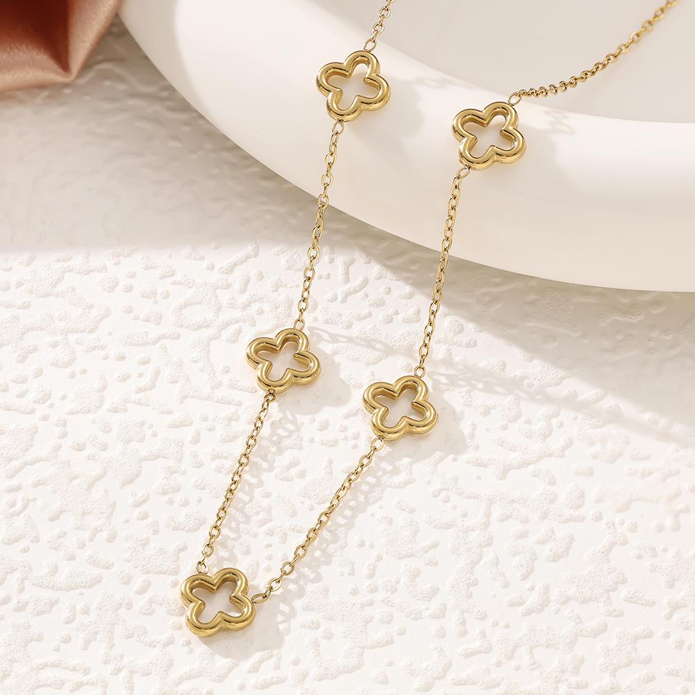3 In 1 Three-dimensional Hydraulic Hollow Stainless Steel 18K Lucky Grass Four-leaf Clover Chen Lady Bracelet Necklace Stud Earrings Set