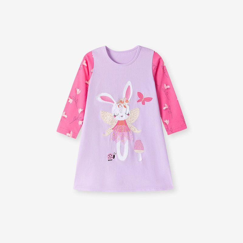 Spring and Autumn Children s Clothing Girls Color-Blocked Long-Sleeved Dress Kidsren s Bunny Princess Dress Baby Pure Cotton Round Neck Dress S 3157 7Y(140cm)