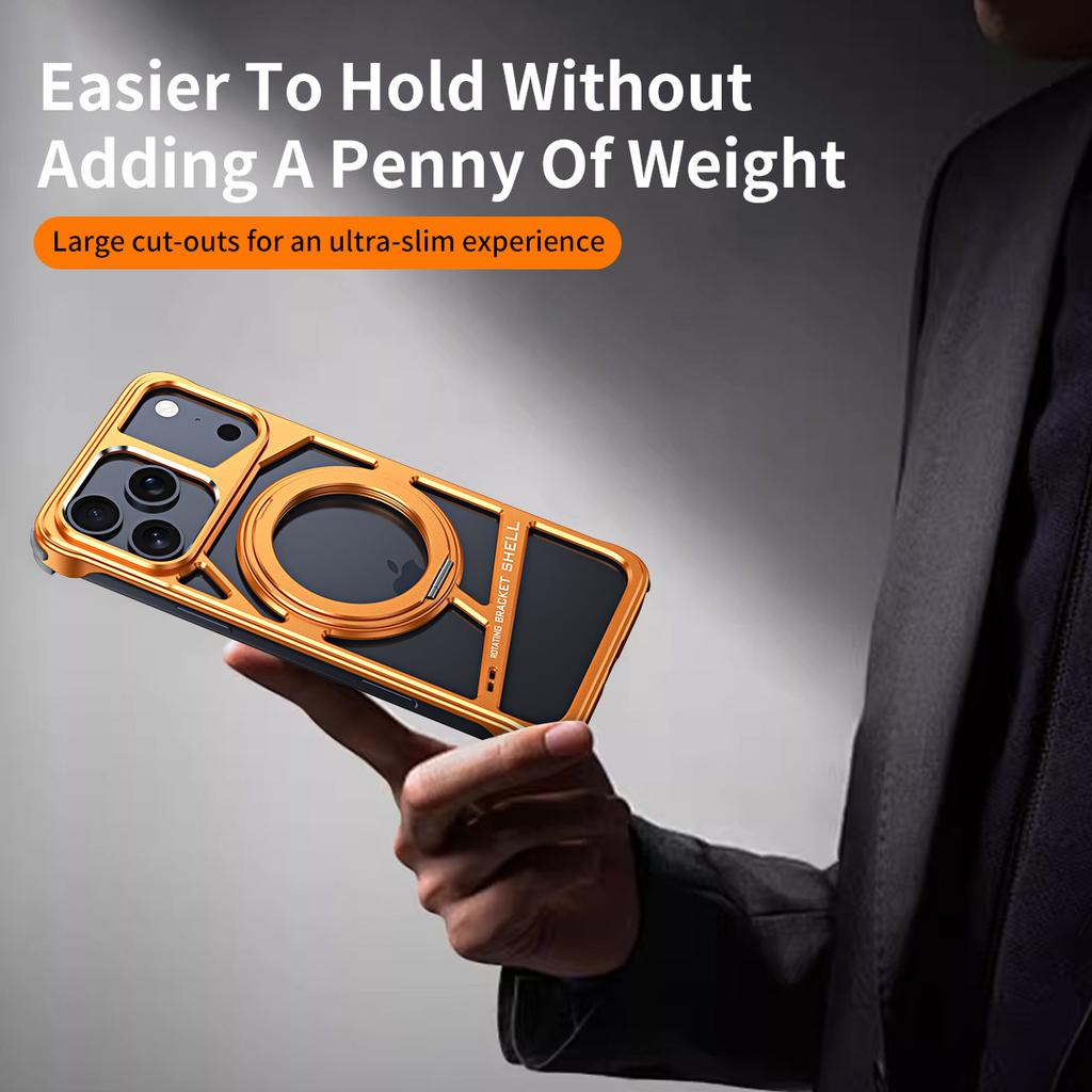 Orange Aluminium Alloy Metal Case For iPhone 17 Pro Max 16 15 14 Rotation Bracket Hollow Out Magnetic Metal Shockproof Cover