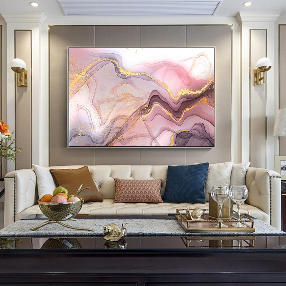 Abstract Pink Gold Porple Marble Poster Prints For Living Room Contemporary Home Decor Nordic Modern Canvas Painting Wall Art (with Frame)
