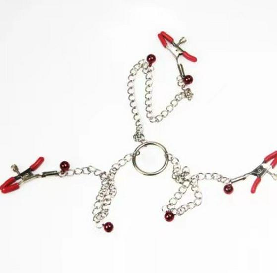 Triple-Bell Nipple Clamps Set for Women's Sensual Play and SM Experience