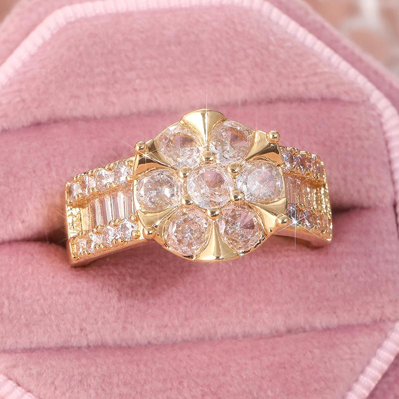 Elegant Exquisite Flower Shaped Inlaid Synthetic Zircon Golden Plated Ring Fro Women Fashion Banquet Wedding Jewelry Accessories
