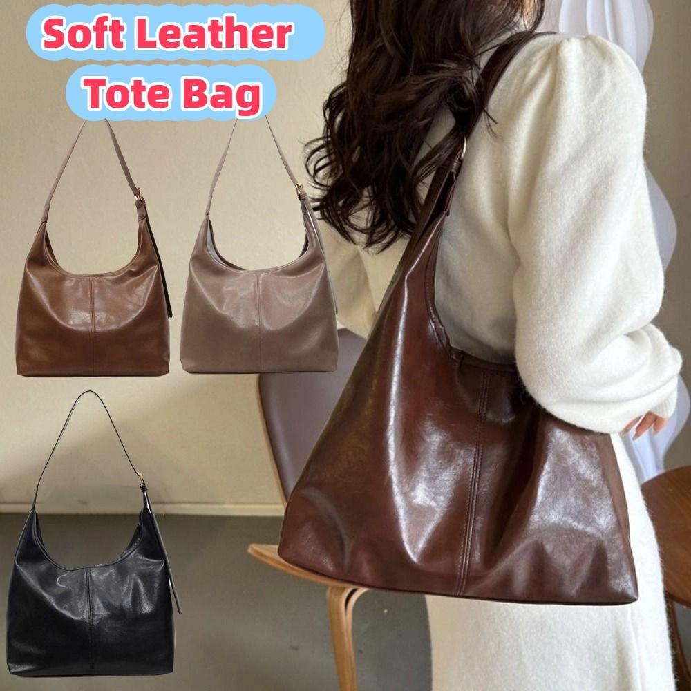 Elegant Soft Leather Tote Bag Solid Color Vintage Underarm Bag Fashion Commuting Shoulder Bag  Lady