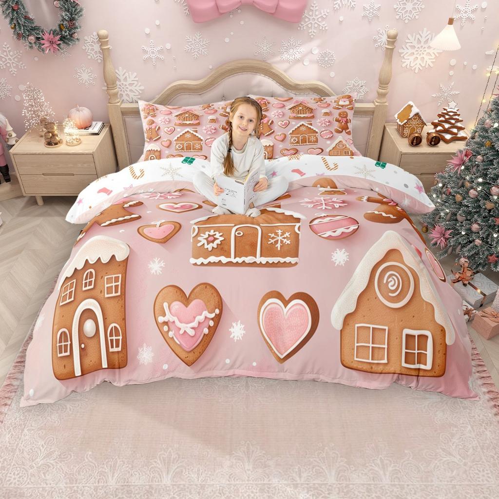 Homewish Kawaii Lebkuchen Bettbezug-Set für Mädchen Jungen, Weihnachtsbaum Weihnachtsmann Bettdeckenbezug-Set, Schneeflocken Bettwäsche-Set