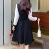 Women's Hepburn Wind Long Sleeve Color Contrast Dress Spring Lacing Waist Temperament Hollow Dress