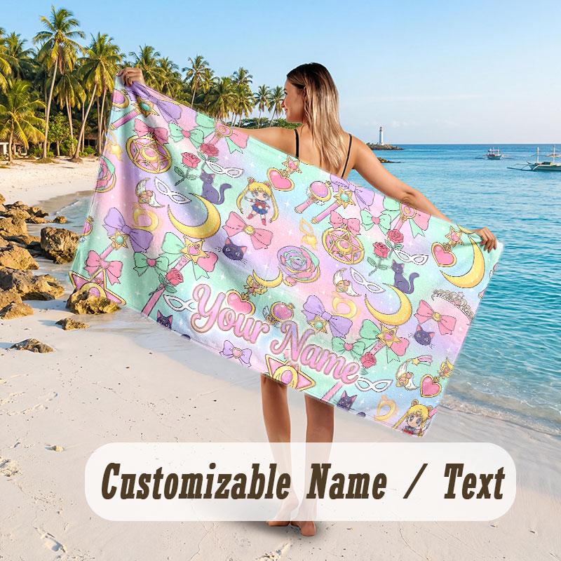 Custom Name Large Beach Towel,Sailor Moon Quick Absorbent Towel For Outdoor Travel Poolside