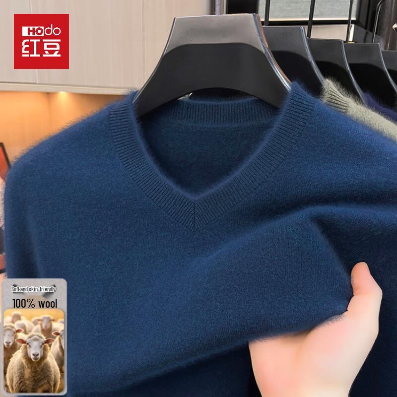 Hodo Men's Pure Wool V-Neck Thickened Pullover Sweater