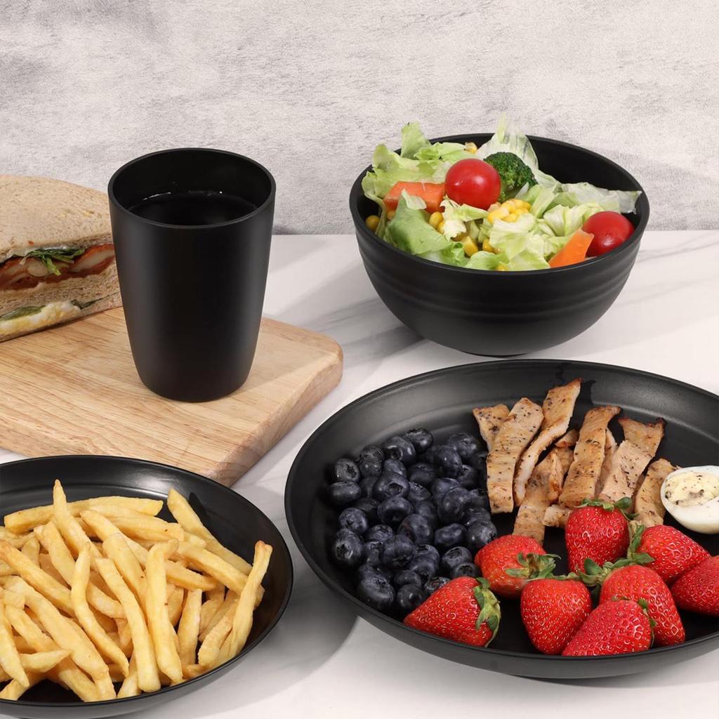 Wheatstraw Dinnerware Set Camping Plates Cups and Bowls Set Sturdy Stackable Silverware Utensil for Indoor Travel Home Apartment