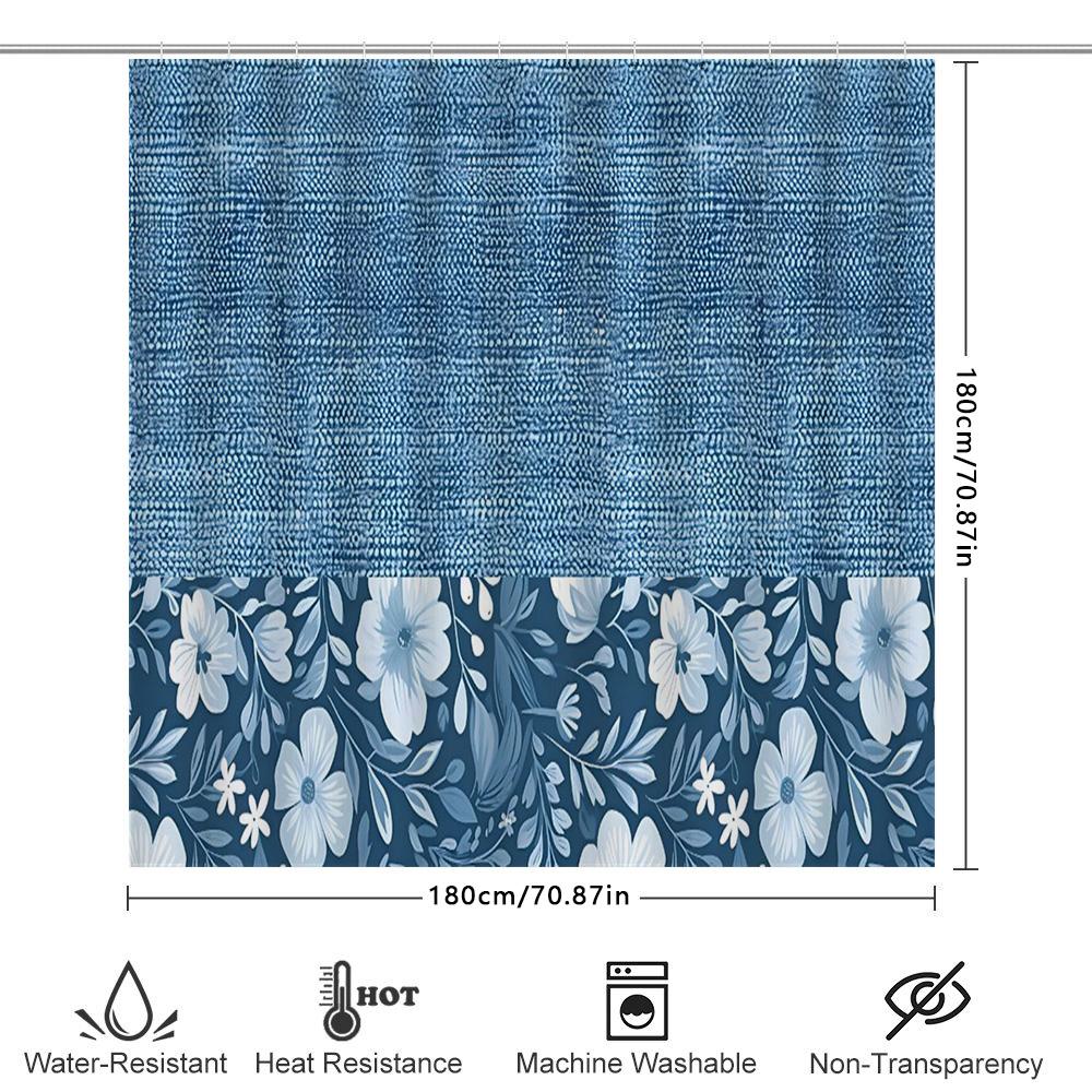 Blue Bath Mat Shower Curtain with White Floral Design for Bathroom Decor Non-Slip Rug for Bathtub Area Size: 72 x 84 Inches