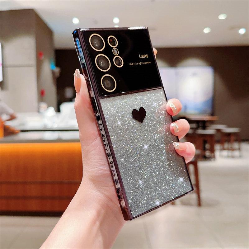 Luxury Love Logo Lens Film Glitter Electroplated Mobile Phone Case for Samsung S23 22 21 Ultra Plus S20 FE A54 53 52 A14 A23 Fall Protection Cases