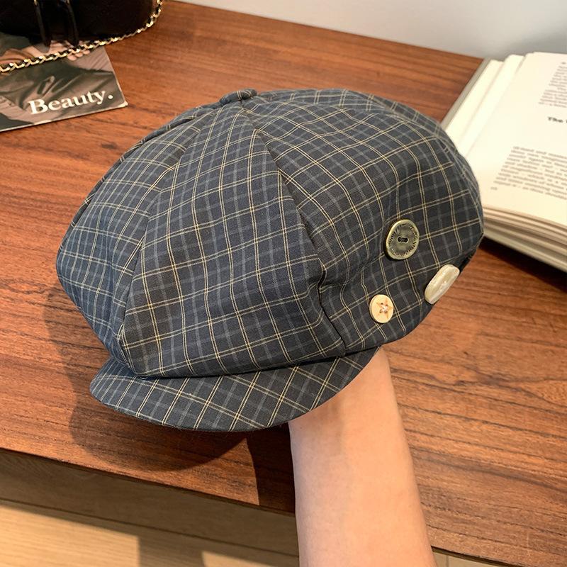 

Клетчатый берет на пуговице, женский осенне-зимний универсальный, для маленького лица, восьмиугольная шляпа-облако, большой обхват головы, шляпа художника Average size (58-60cm) синий