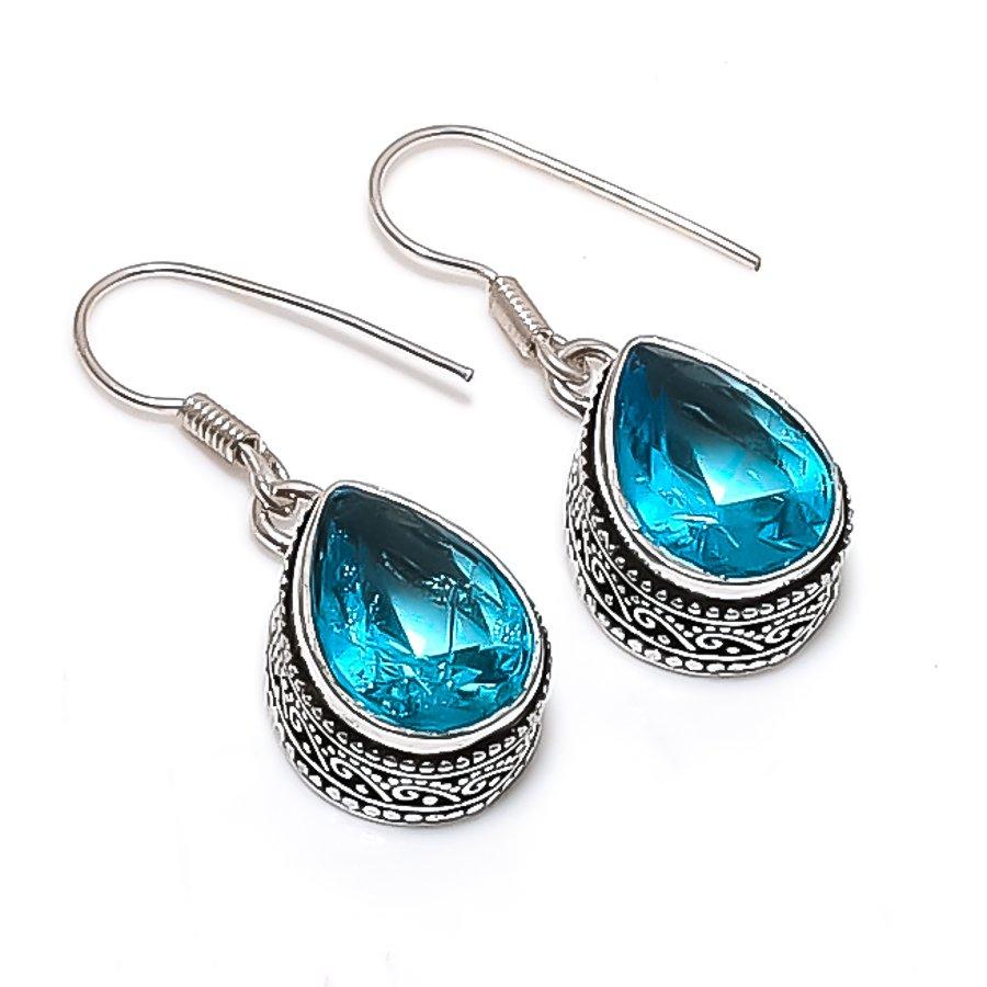 Natural Swiss Blue Topaz Gemstone 925 Sterling Silver Jewelry Earring 1.38" D7c52