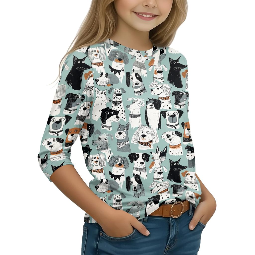 Children's 3/4 Sleeve Round Neck Animal Print Casual Top for Everyday Wear