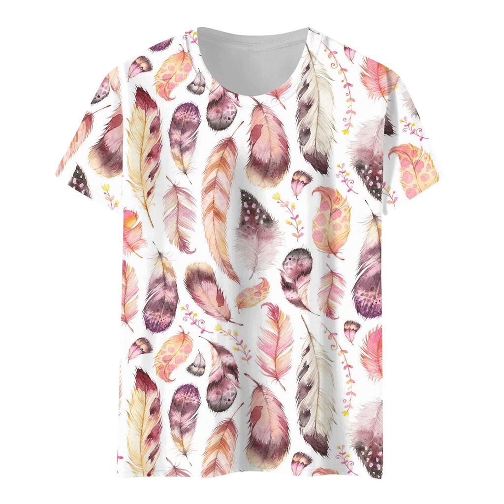 Women's Summer Feather Print Short Sleeve Round Neck Pullover T-shirt Top