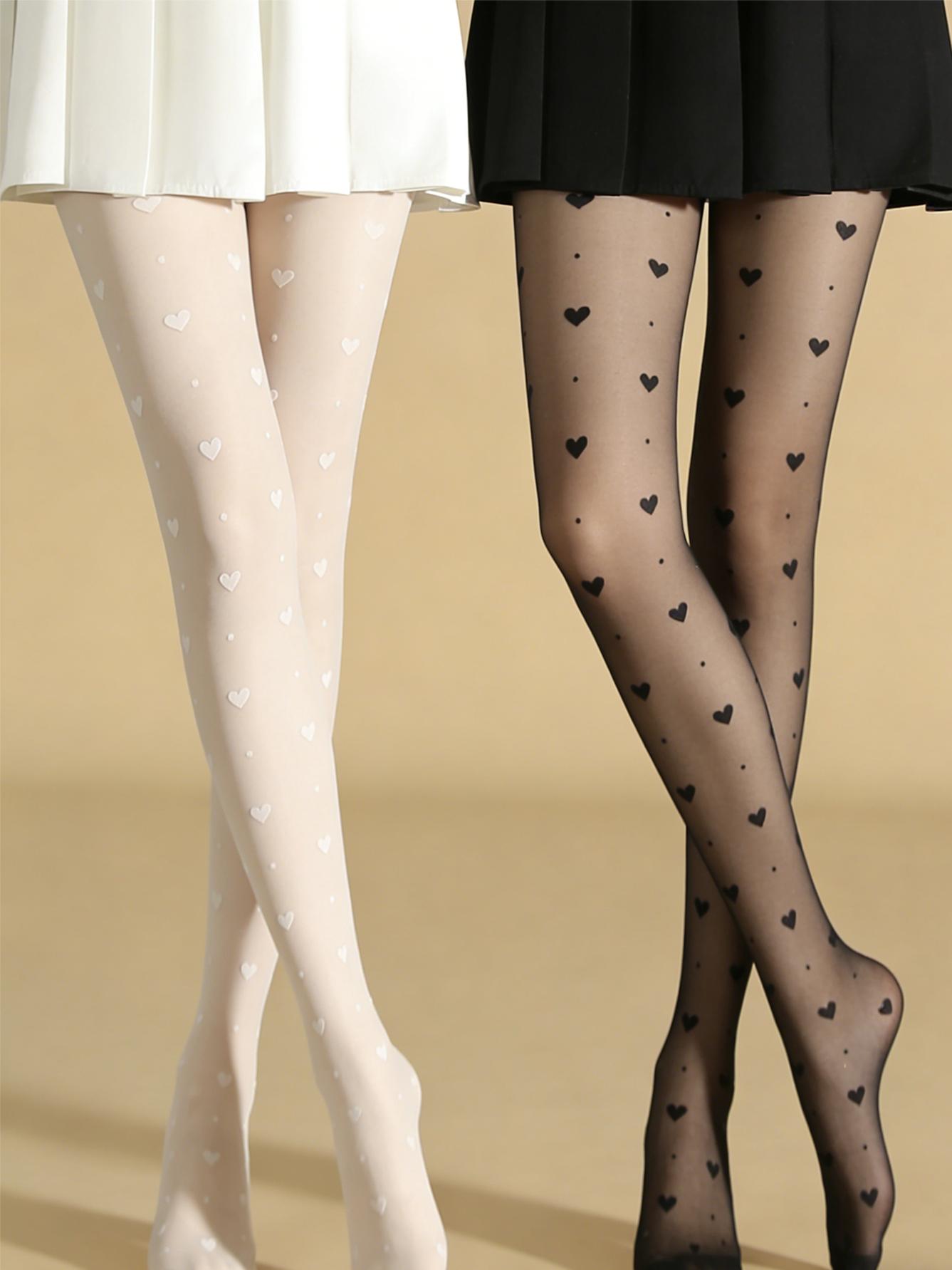 2 Pairs Women Black & White Heart Print Sheer Stretchy Tights Lolita Style Stockings Set S
