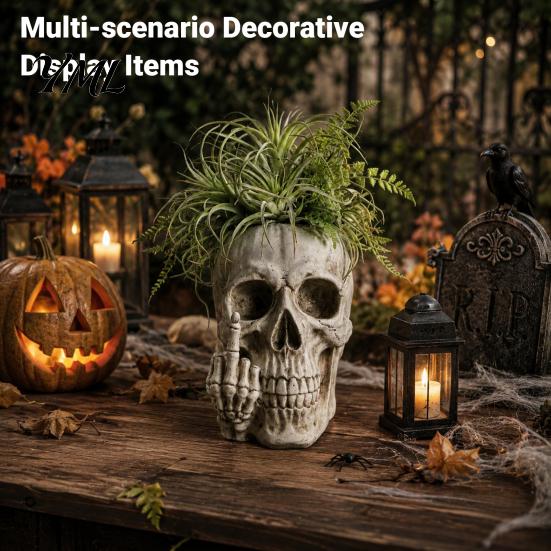 Resin Succulent Planter Gothic Skull with Middle Finger Design, Skeleton Flower Pot Punk Style Room Accessories for Succulents, Funny Plant