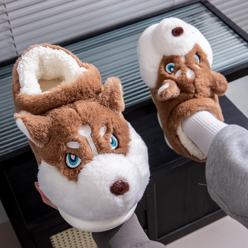 Fashion New Unisex Husky Cartoon Slippers Winter Plush Lined Anti-Slip Indoor Home Shoes Warm Comfortable Couples Fuzzy House Booties