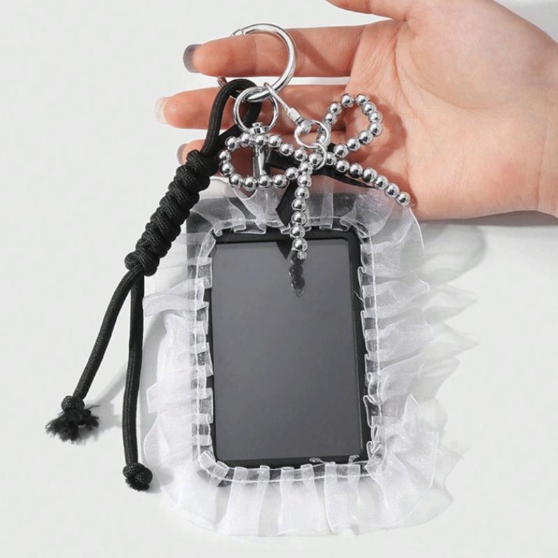 Elegant Badge Holder Gothic Bowknot Keychain Beaded Lace Card Charm Accessory Alternative Fashion Keyring