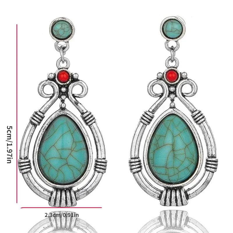 1pair Fashion Vintage Natural Red Stone Turquoise Water Drop Shaped Dangle Earrings for Women, Holiday Banquet Jewelry Gift