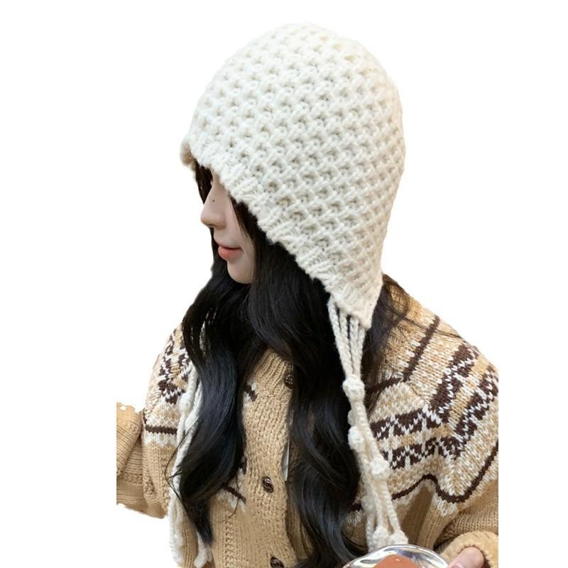 Autumn and Winter Women's Big Head Circumference Bag Hat Shows a Small Face, Thickened Ear Protection Warm Hat, Hand-woven Fringed Knitted Hat
