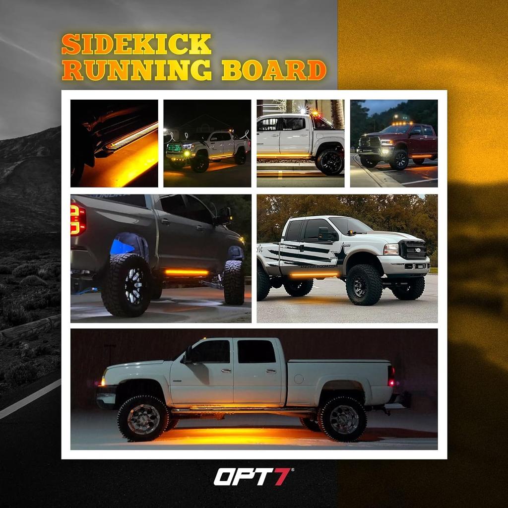 OPT7 Sidekick 78" Running Board Lights 2PCS LED Strips w/Sequential Amber Turn Signal, DRL, White Courtesy Light for Extended Crew Cab Trucks Pickup