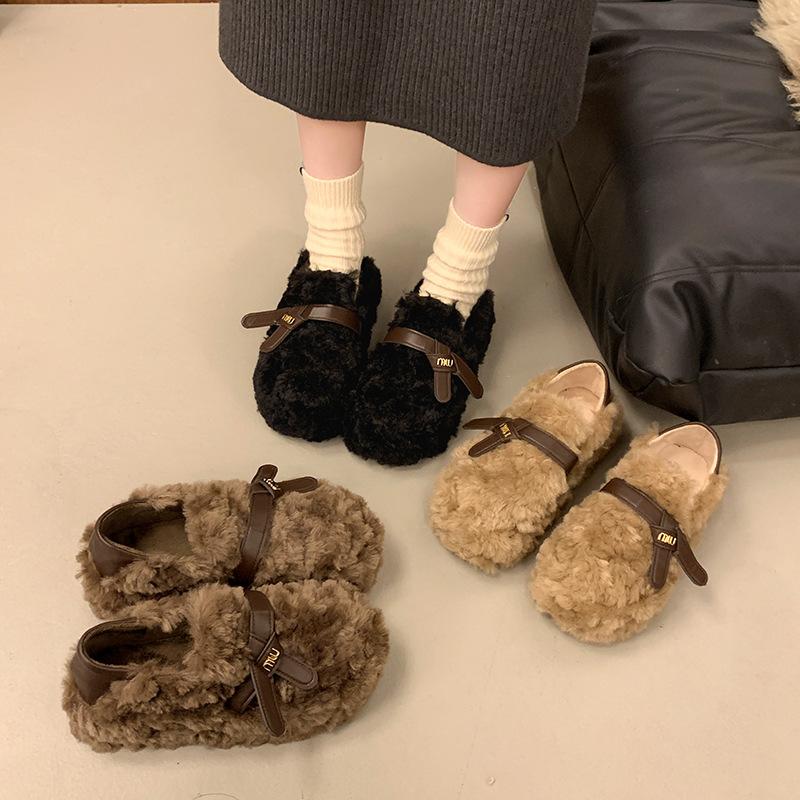Internet celebrity popular Mao Mao shoes women wear 2025 autumn and winter new thick-soled versatile one-pedal bean velvet cotton shoes