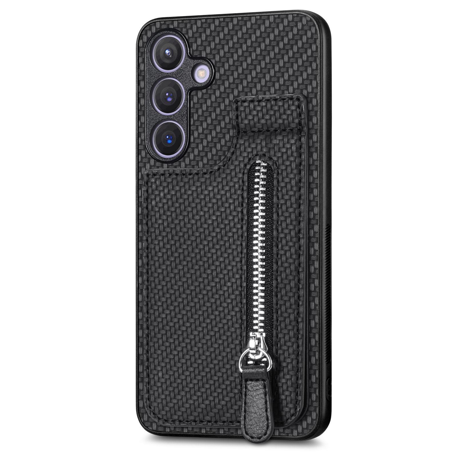 

For Samsung Galaxy S25 Case Leather Phone Back Cover with Zipper Card Holder Kickstand Black